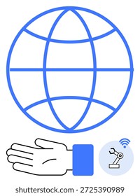 Comunicación global, IoT, robótica, automatización, conectividad digital, tecnología del futuro. Un globo terráqueo, un gesto de la mano conectado a la automatización robótica. Comunicación global y concepto IoT
