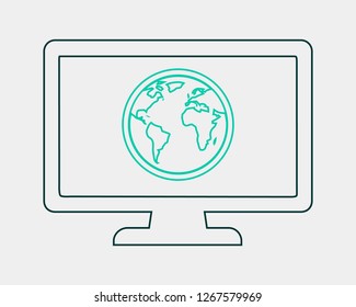 Global communication line icon with Globe and computer monitor symbol.