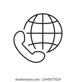 Global Communication Line Icon with Phone and Globe. International Online Support Outline Symbol. Global Connectivity, Worldwide Contact. Editable Stroke. Isolated Vector Illustration.