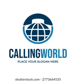 Global communication logo featuring a globe and a handset silhouette, representing international calling, worldwide connectivity, and telecommunications.