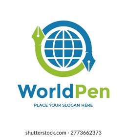 Global communication logo featuring a pen nib shape wrapping around a wireframe globe for news portals.