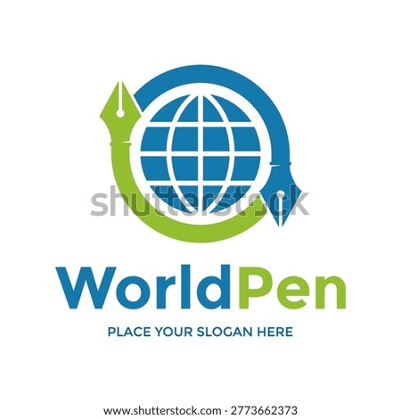 Global communication logo featuring a pen nib shape wrapping around a wireframe globe for news portals.