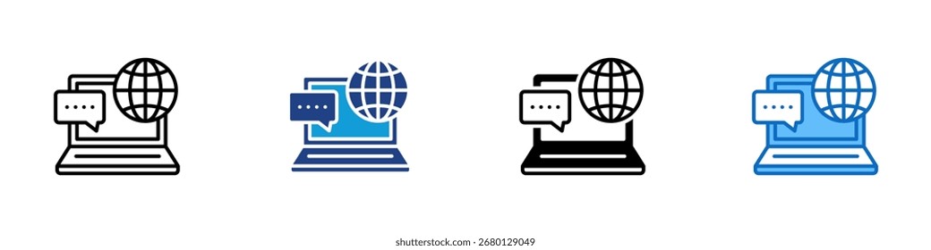 Vector de diseño de íconos de estilo múltiple de comunicación global: computadora portátil con globo terráqueo y burbuja de chat, que simboliza la comunicación en línea, las redes globales o Internet