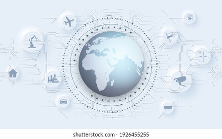 Global communication network around planet, worldwide exchange of information by internet. Industry 4.0 concept infographic. Spider web of network connections with on white background. Neumorphic icon