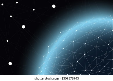 Global communication network around the world, worldwide exchange of information by internetworking and connected satellites for people, cryptocurrency or IoT technology.