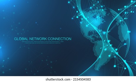 Global communication network concept. Social network communication in the global business. Big data visualization. Internet technology. Vector illustration.