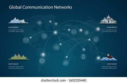 Global Communication Networks infographic on blue background, Vector illustration