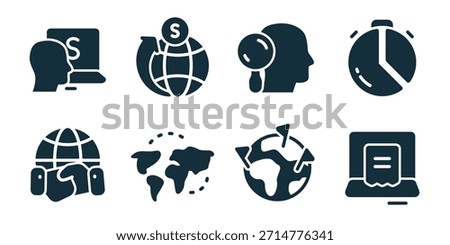 Global communication and online services excellent icon collection. Set of voice assistant, global payment, listening profile, time management, global headset, world map, data exchange, and online document icons