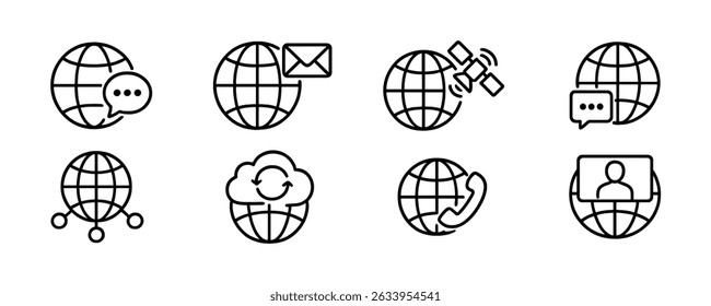 Global communication outline icon set - network, email, satellite, cloud symbols