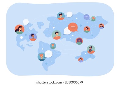 Global communication of people from different countries. Flat vector illustration. World map with men and women talking online by social media around globe. Network, worldwide, Earth, culture concept