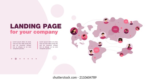 Global communication of people from different countries. Flat vector illustration. World map with men and women talking online by social media around globe. Network, worldwide, Earth, culture concept