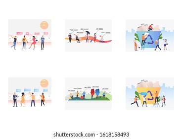 Global communication set. People speaking different languages, using apps, sorting garbage. Flat vector illustrations. International community concept for banner, website design or landing web page