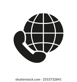 Global Communication Silhouette Icon with Phone and Globe. International Online Support Glyph Symbol. Global Connectivity, Worldwide Contact. Isolated Vector Illustration.