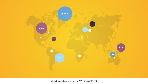 Global communication and social connection network map flat vector illustration.