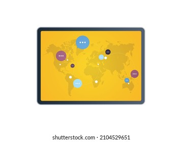 Global communication and social connection network map on smartphone flat vector illustration.