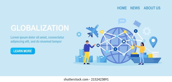 Comunicación mundial, trabajo en equipo y cooperación. Acuerdo internacional. Diversidad, globalización y colaboración. Relaciones comerciales internacionales, transporte de carga comercial por buques, avión