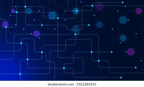 Global communication technology with connect lines and dots. Abstract geometric circuit board and hexagons pattern. Big data visualization, global network connection background. Vector illustration.