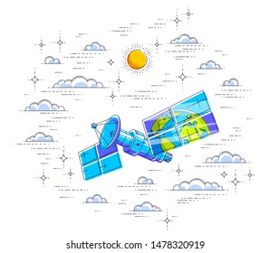 Global communication technology satellite flying in the cloudy sky and reflecting earth in solar panels. Thin line 3d vector illustration isolated on white.