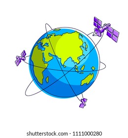 Global communication technology satellites flying orbital spaceflight around earth, spacecraft space stations with solar panels and satellite antenna plate. Thin line 3d vector illustration. Stock-vektor