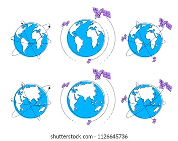 Global communication technology satellites flying orbital spaceflight around earth, spacecraft space stations with solar panels and satellite antenna plate. Thin line 3d vector illustrations set.