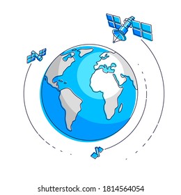 Global communication technology satellites flying orbital spaceflight around earth, spacecraft space stations with solar panels and satellite antenna plate. Thin line 3d vector illustration.