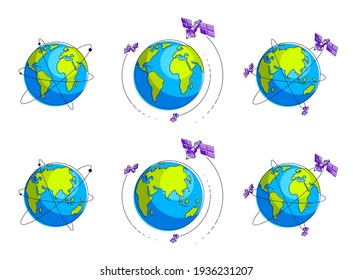 Global communication technology satellites flying orbital spaceflight around earth, spacecraft space stations with solar panels and satellite antenna plate. Thin line 3d vector illustrations set.