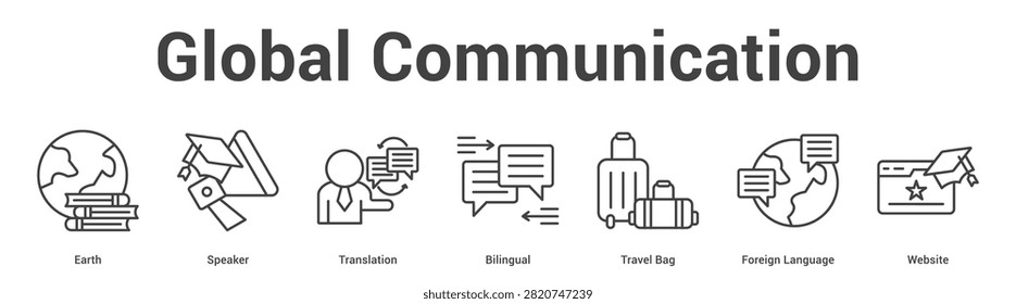 Global Communication web banner icon set vector illustration concept for business with icon of Earth, Speaker, Translation, Bilingual, Travel Bag, Fore.