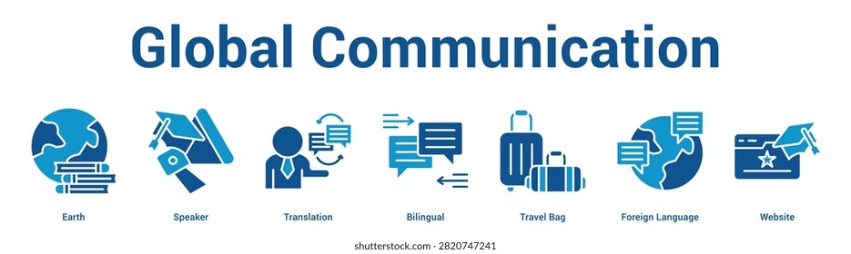 Global Communication web banner icon set vector illustration concept for business with icon of Earth, Speaker, Translation, Bilingual, Travel Bag, Fore.
