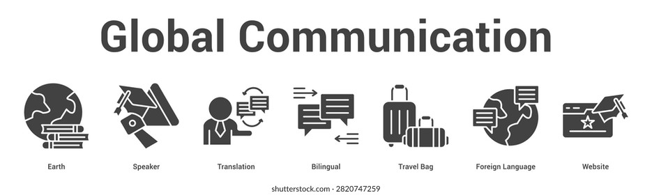 Global Communication web banner icon set vector illustration concept for business with icon of Earth, Speaker, Translation, Bilingual, Travel Bag, Fore.