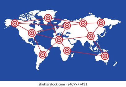 global communication. world map and red location pin on blue background