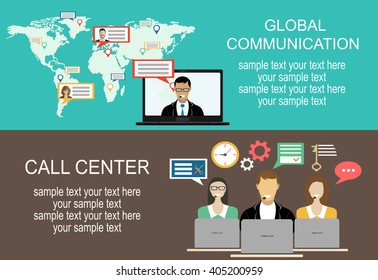 Global communication,internet communication technology concept. Technical support call center concept. Flat design concept for web banners, web sites, printed materials, infographics.