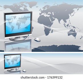 Global communications. Background and banner of computer monitor, mouse and map of world on abstract background   