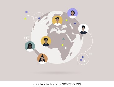 Global communications concept, a Globe with colorful user avatars on it, Globalisation 