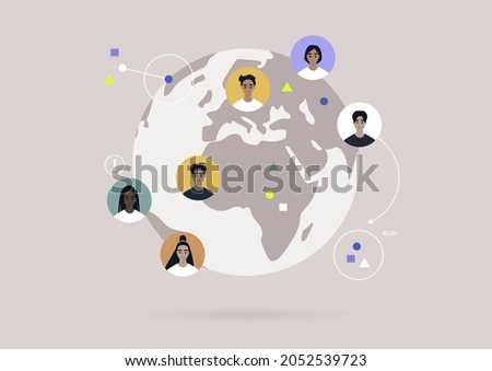 Global communications concept, a Globe with colorful user avatars on it, Globalisation 