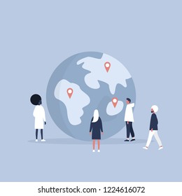 Global communications. International community. Diversity. Young people standing around the globe. Flat editable vector illustration, clip art