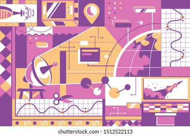 Global communications items background of rocket and space technology. Concept tools for work of urban style with modern device. Vector illustration.