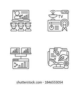 Conjunto de iconos lineales de comunicaciones globales. Lección en línea para educación a distancia. Tecnología de radiodifusión. Símbolos de contorno de línea delgada personalizables. Ilustraciones aisladas del contorno vectorial. Trazo editable