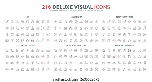 Global community, call center, public person and leadership, HR recruiting line icon set. Comfort urban and workplace culture, road and buildings thin black and red outline symbols vector illustration