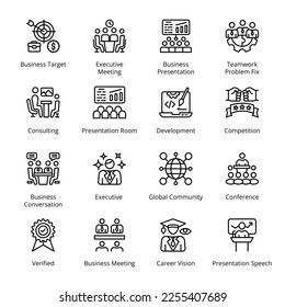 Global Community, Conference, Business Target, Executive Meeting, Business Presentation, Teamwork Problem Fix, Business Conversation, Executive, Outline Icons - Stroked, Vectors