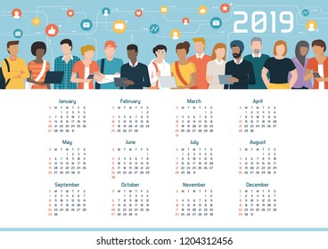 Global community connected through social media, calendar 2019: diversity, communication and technology concept