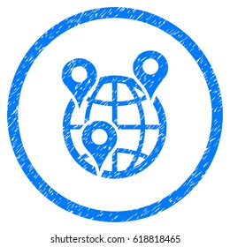 Global Company Branches grainy textured icon inside circle for overlay watermark stamps. Flat symbol with dirty texture. Circled vector blue rubber seal stamp with grunge design.