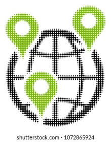 Global Company Branches halftone vector icon. Illustration style is dotted iconic Global Company Branches icon symbol on a white background. Halftone matrix is round items.