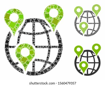Global company branches mosaic of inequal parts in different sizes and color tints, based on global company branches icon. Vector ragged parts are composed into collage.