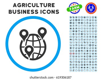 Global Company Branches rounded icon with agriculture business glyph clip art. Vector illustration style is a flat iconic symbol inside a circle, blue and gray colors.