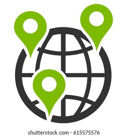 Global Company Branches vector icon. Flat bicolor eco green and gray symbol. Pictogram is isolated on a white background. Designed for web and software interfaces.