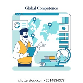 Global Competence concept. Illustration depicting online learning and international education with a man presenting a world map. Digital classroom, global awareness, cultural exchange. Vector