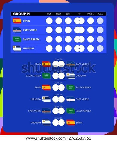 Global competition featuring Group H standings table and fixture list for Spain, Cape Verde, Saudi Arabia, Uruguay. A blue themed infographic template.