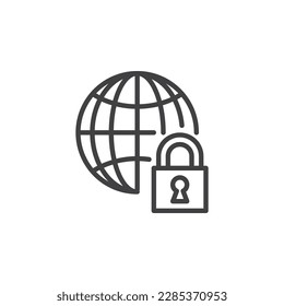 Icono de línea de cumplimiento global. signo de estilo lineal para concepto móvil y diseño web. Icono de vector de contorno de globo y bloqueo. Símbolo, ilustración del logotipo. Gráficos vectoriales