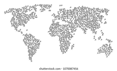 Global composition map combined of music notes icons. Vector music notes scatter flat pictograms are composed into geometric continent map.