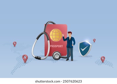 Global comprehensive coverage for travel and medical insurance. Insurance agent with passport, stethoscope and shield guard on world map. Travel insurance coverage and medical tourism concept. Vector.